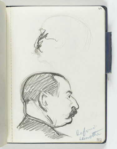 En haut, profil d'un nez barré et ébauche du haut d'une tête. En bas, tête d'homme moustachu, nez busqué, col noir, de profil à droite