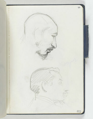 En haut, tête d'homme avec petite moustache et barbiche, de profil à droite, penchée en avant. En bas, tête d'homme moustachu, de profil à droite