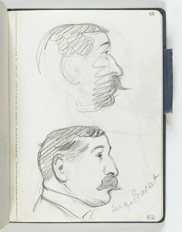 En haut, tête d'homme moustachu, de profil à droite. En bas, tête d'homme moustachu de profil à droite, avec col empesé