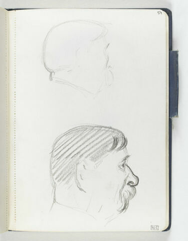 En haut, croquis inachevé d'une tête d'homme moustachu, de dos, de trois quarts à droite. En bas, tête d'homme moustachu, de profil à droite, image 1/1