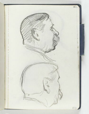 En haut, tête d'homme moustachu, de profil à droite. En bas, tête d'homme moustachu, de dos, de trois quarts à droite