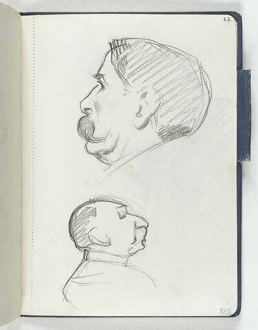 En haut, tête d'homme de profil à gauche, avec grosse moustache. En bas, croquis caricatural d'un homme vu en buste, de profil à droite, image 1/1