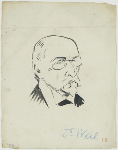 Tête d'homme au crâne dégarni, avec moustache et barbiche, lunettes et col cassé, de trois quarts à droite, image 1/1