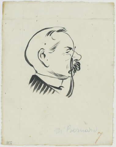 Tête d'homme moustachu, avec un monocle (ou un face à mains), col blanc, de profil à droite, image 1/1