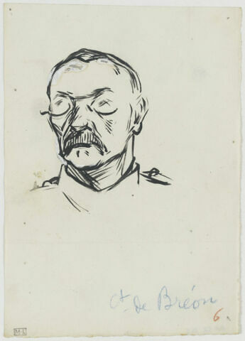 Tête de militaire, de trois quarts à gauche, avec moustache, lunettes, col officier et épaulettes, image 1/1