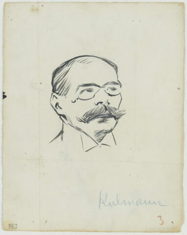 Tête d'homme moustachu, avec des lunettes, col cassé, de trois quarts à droite, image 1/1
