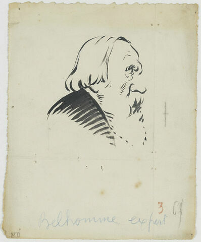 Tête de vieillard avec longs cheveux et longue barbe, de profil à droite, image 1/1