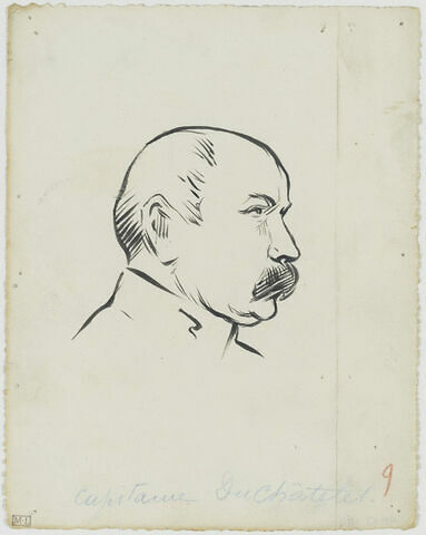 Tête d'homme au crâne dégarni, moustachu, de profil à droite