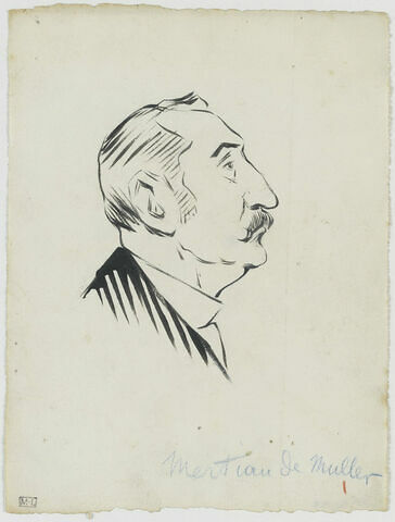 Tête d'homme moustachu,avec col montant, de profil à droite, image 1/1