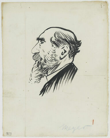 Tête d'homme au crâne dégarni, avec moustache et barbe, sourcils épais, de profil à gauche