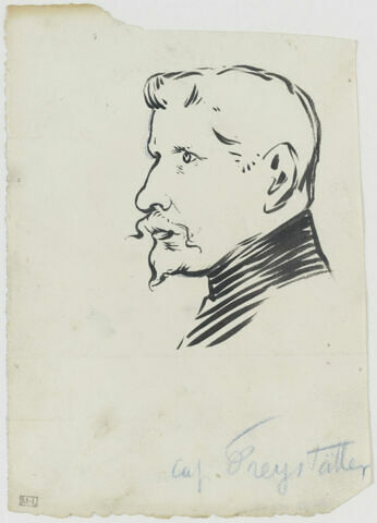 Tête d'homme moustachu avec barbiche, col officier, de profil à gauche, image 1/1