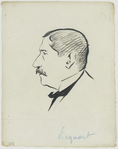 Tête d'homme moustachu, avec un col cassé et un noeud noir, de profil à gauche, image 1/1
