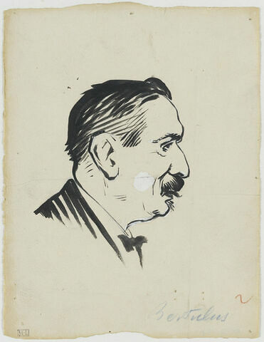 Tête d'homme moustachu, avec un noeud noir, de profil à droite