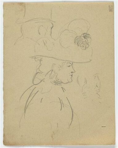 Femme vue en buste, de profil à droite, coiffée d'un grand chapeau et croquis d'une tête d'homme, de dos, avec haut de forme