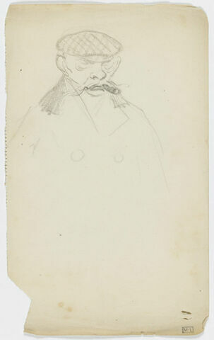 Croquis d'un homme, en buste, de face, coiffé d'une casquette et fumant un cigare, image 1/1