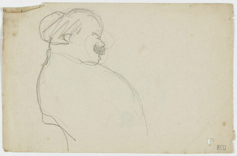 Croquis caricatural d'un homme corpulent, en buste, moustachu, de profil à droite