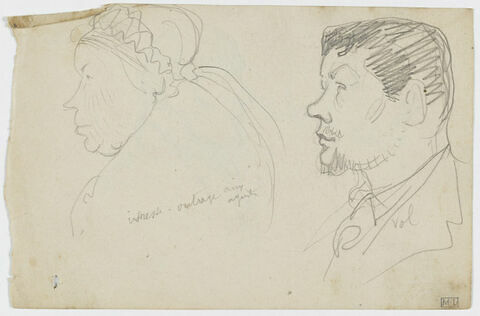 A gauche, croquis caricatural d'une femme en buste, de profil à gauche, avec un bonnet. A droite, croquis caricatural d'une tête d'homme moustachu et barbu, de profil à gauche, image 1/2
