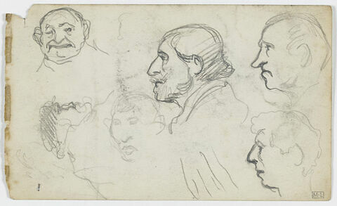 Cinq croquis caricaturaux de têtes d'hommes, de face ou de profil à gauche et en travers, croquis caricatural d'une tête coiffée d'une casquette, image 1/1