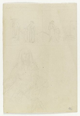 Croquis d'après les maîtres : le mauvais riche, et femme en costume médiévale assise, de face, image 1/1
