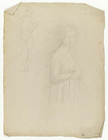 Jeune femme en habit Renaissance à mi-jambes, mains croisées sur le ventre ; en haut à gauche, jeune homme en habit Renaissance, la main gauche sur la hanche, image 1/1