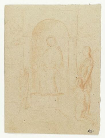 Vierge et Enfant dans une niche avec de part et d'autre, trois personnages en adoration dont un enfant à genoux, image 1/1