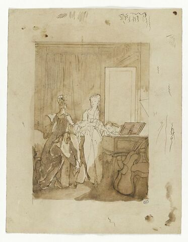 Scène XVIIIe : deux jeunes femmes dans un intérieur avec un clavecin et un violoncelle (?), l'une d'elle donne sa main à baiser à un jeune homme
