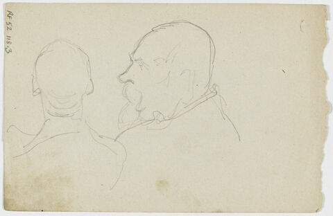 Croquis d'une tête d'homme barbu, de profil à gauche et croquis d'une tête d'homme, de dos, image 1/1