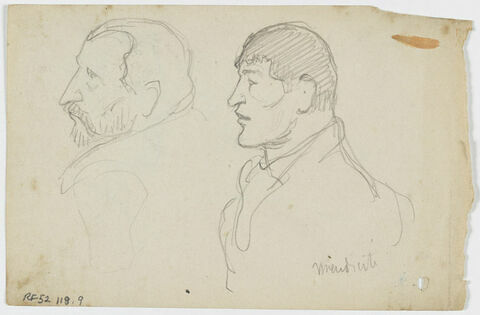 Deux croquis de têtes d'homme, l'un moustachu et barbu, l'autre en buste, de profil à gauche, image 1/1