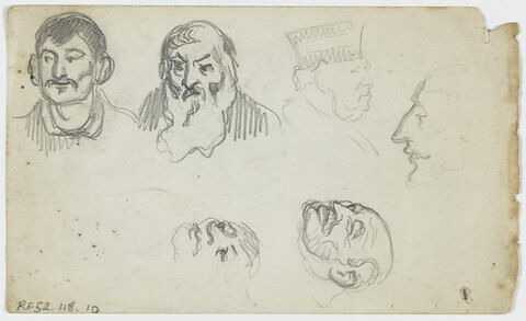 Quatre croquis caricaturaux de têtes d'hommes dont un vieillard barbu, de face ou de profil. En travers, deux croquis caricaturaux inachevés de têtes d'hommes, de trois quarts à gauche, image 1/1