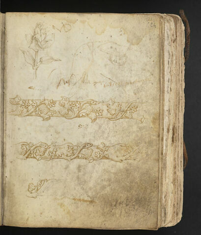 Fleur sur une tige ; figure penchée vers la droite ; traits calligraphiques ; trois études d'une branche, image 1/1
