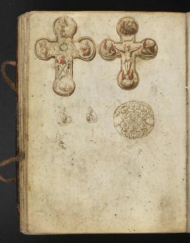 Deux études de baiser de paix en forme de croix ; Ange et Vierge de l'Annonciation, un saint tenant une croix ; un médaillon orné de rinceaux végétaux