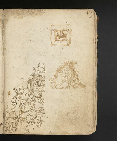 Esquisse d'une tête de vache ; plan d'un château ; rinceau d'acanthes avec un dauphin ; casque à l'antique vu de profil vers la droite, image 1/1