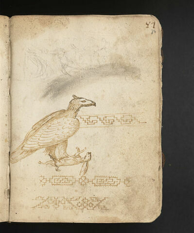Frise avec une figure tournée vers la gauche ; aigle de profil tenant dans ses serres un lièvre ou un lapin ; trois grecques, image 1/1