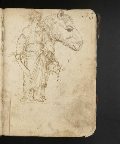 Judith debout, tenant d'une main un cimeterre et de l'autre la tête coupée d'Holopherne ; tête de cheval de profil vers la droite, image 1/1