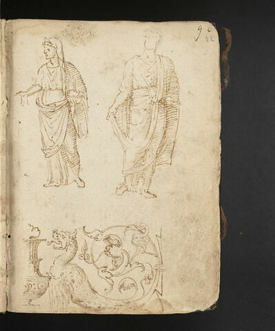 Deux figures drapées à l'antique : une femme de profil  faisant un sacrifice, un homme, de face, tenant un pan de sa toge ; étude de frise avec un dragon, image 1/1