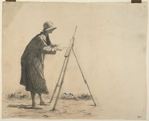 Femme coiffée d'un chapeau cloche, de profil à droite, peignant en plein air, sur un petit chevalet, image 1/1
