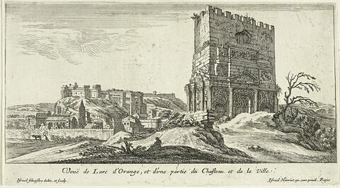 Vue de l'arc, de la ville et du château d'Orange