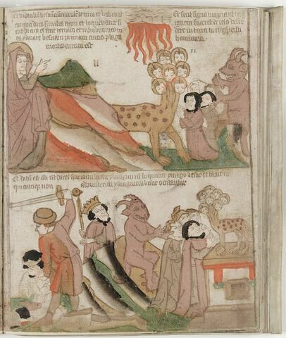 L' Apocalypse : La Bête à deux cornes fait descendre le feu du ciel et elle fait adorer l'image du monstre à sept têtes