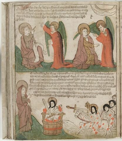 L' Apocalypse : Saint Jean se jette aux pieds de l'ange. Le fidèle à cheval et la cuve du vin de la colère, image 1/1