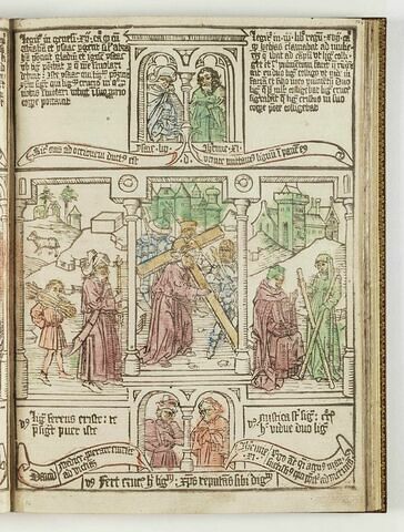 La Bible des Pauvres. Isaac chargé du bois; Le Portement de croix; La veuve amasse du bois