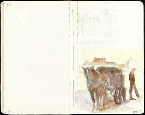 Vue d'un attelage avec cheval dans un paysage avec un homme, deux croquis de clocher, image 1/1