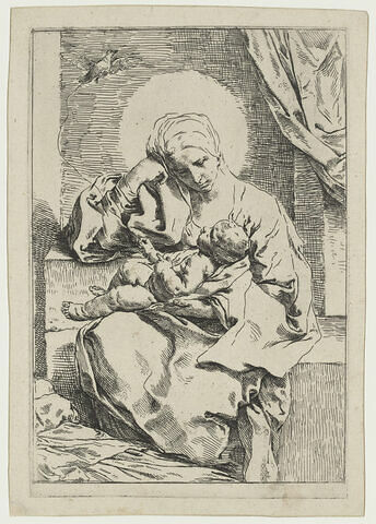 La Vierge avec l'enfant Jésus jouant avec un oiseau attaché par un fil, image 1/1