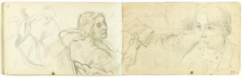Etude d'avant-bras, mains, étude d'un buste de femme assise tenant un livre