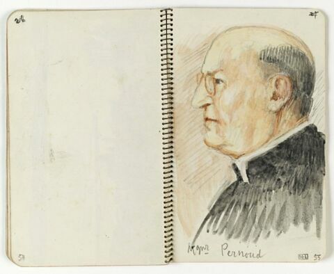 Portrait de Monseigneur Pernoud de profil, penché en buste, image 1/1