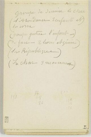 Notes manuscrites relatives au Monument du Triomphe de la République et quelques chiffres, image 1/1
