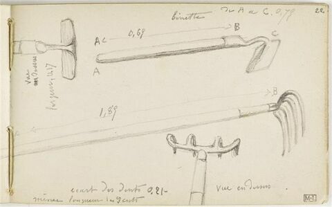 En haut, binette de profil et vue en dessous ; en bas, une fourche de profil et vue en dessus, image 1/1