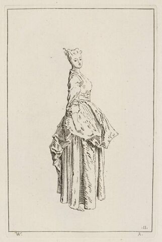 Femme en pied, de profil, la tête tournée vers la gauche, image 1/1