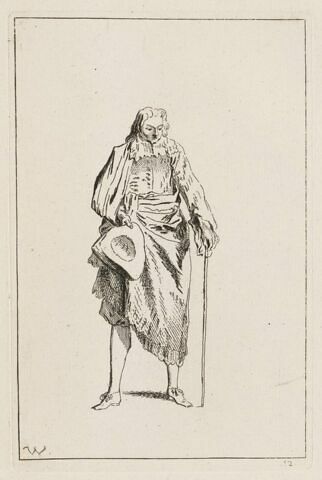 Homme en pied, de face, saluant de son chapeau, une canne à la main, image 1/2