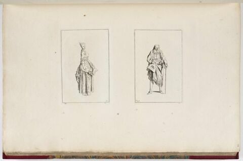 Homme en pied, de face, saluant de son chapeau, une canne à la main, image 2/2
