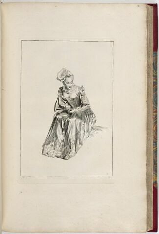 Femme assise, de profil à droite, jouant de l'éventail, image 1/1